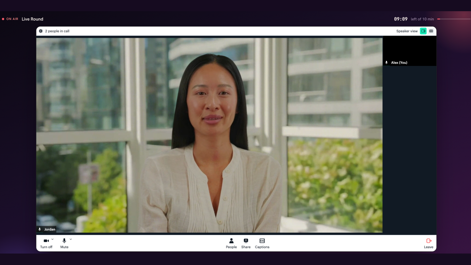 A Live round in progress: the AI interviewer on camera, on air, with the round timer running and the full call controls visible